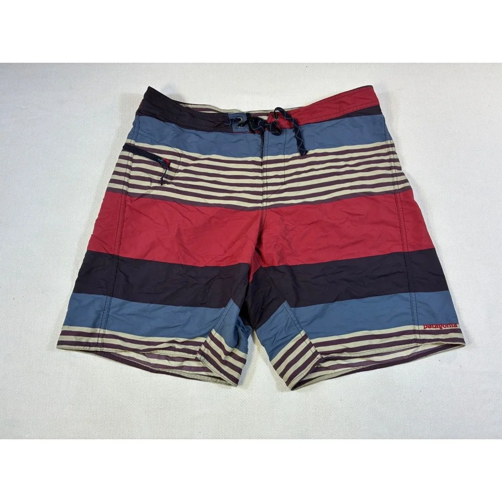 Patagonia Mens 36 Board Shorts Striped Red Navy Blue Surf Swim Trunks 9 Inseam
